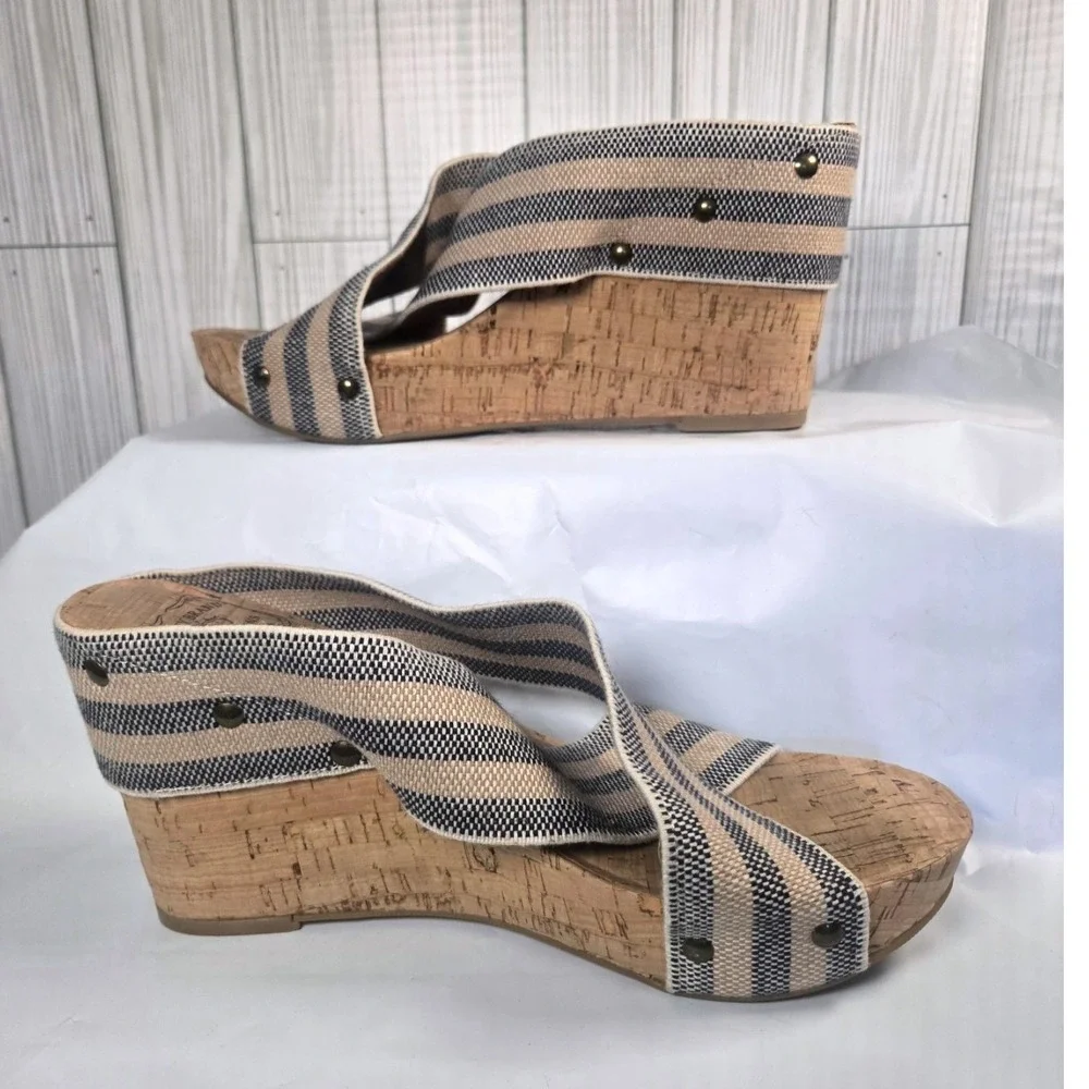 Lucky Brand LK-MILLER2 Striped Cork Wedge Sandals Blue‎ Beige Womens 8.5M
